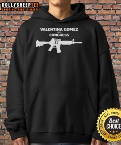 Valentina Gomez wearing a stylish gun hoodie at a campaign event for Congress, showcasing her bold political stance.