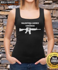 Valentina Gomez for Congress wearing a stylish gun tank top, promoting her campaign with confidence and style.