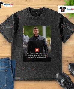 Volodymyr Zelensky in a special suit during Trump meeting at the White House, contrasting with his casual washed t-shirt.