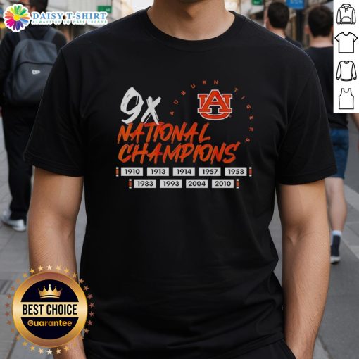 Alt Text: Auburn Tigers Football Logo T-Shirt featuring Top Nine Time National Champions design, perfect for fans and collectors.