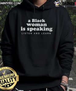 Black woman in a hoodie speaking passionately, promoting listening and learning for personal growth and empowerment.