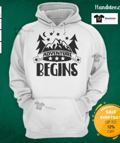Cozy 'Nice Adventure Begins' hoodie displayed on a rustic background, perfect for outdoor enthusiasts and travel lovers.