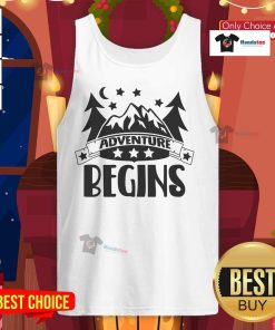 Stylish Nice Adventure Begins tank top displayed against a scenic outdoor backdrop, perfect for summer adventures.