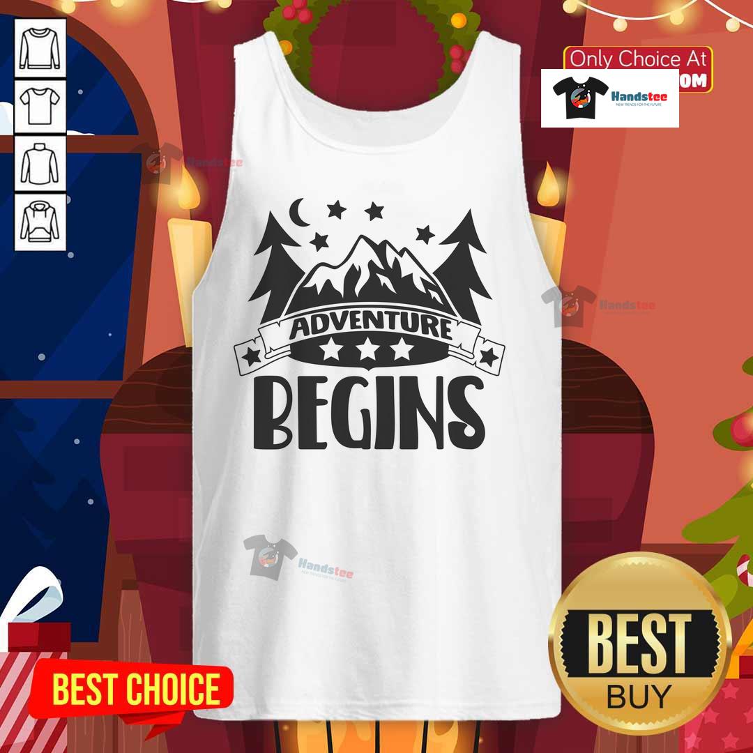 Nice Adventure Begins Tank Top Stylish Nice Adventure Begins tank top displayed against a scenic outdoor backdrop, perfect for summer adventures.