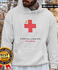 American Red Cross hoodie featuring 'A Little Goes A Long Way, Give Blood' slogan in Woodstock design.