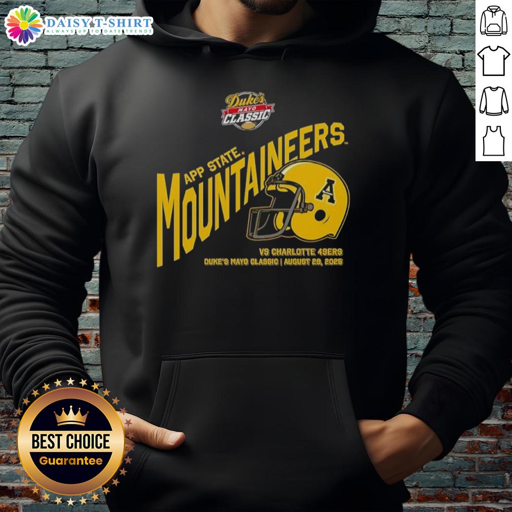 Nice Appalachian State Mountaineers Football Duke's Mayo Classic 2025 Helmet Hoodie Appalachian State Mountaineers football hoodie featuring Dukes Mayo Classic 2025 helmet design, perfect for fans.