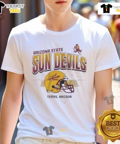 Arizona State Sun Devils helmet graphic on a grid design football T-shirt, perfect for fans in Tempe.
