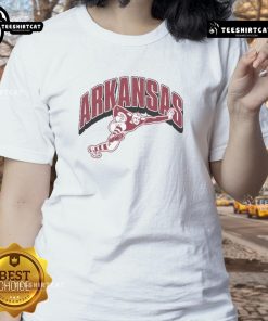 Alt Text: Ladies tee featuring the Arkansas Razorbacks Heisman mascot, perfect for fans of Nice Arkansas apparel.