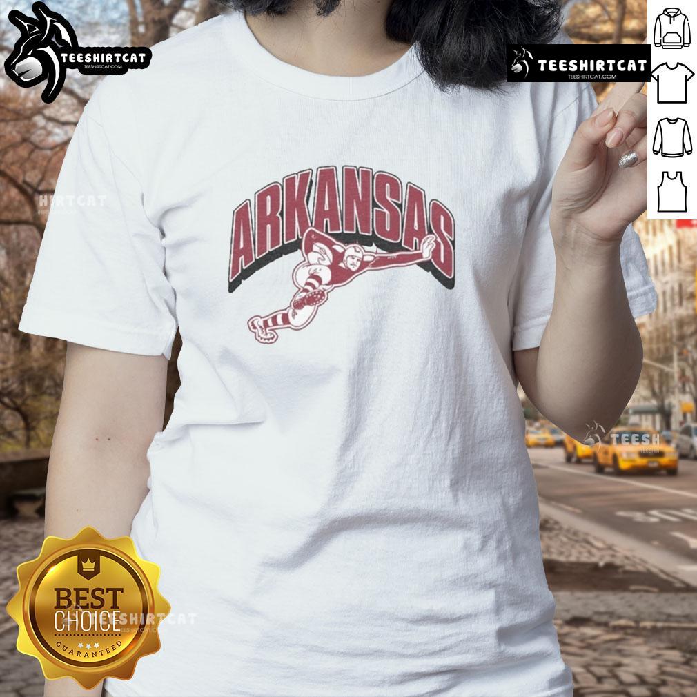 Nice Arkansas Razorbacks Heisman Mascot Ladies Tee Alt Text: Ladies tee featuring the Arkansas Razorbacks Heisman mascot, perfect for fans of Nice Arkansas apparel.