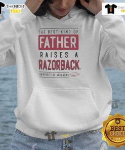 Father and child wearing Arkansas Razorbacks hoodie, celebrating team spirit and family bonding in Nice, Arkansas.
