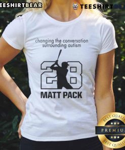 Atlanta Braves Autism Awareness Day 2025 ladies tee featuring 'Changing the Conversation Surrounding Autism' design.