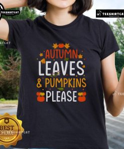 Nice autumn leaves and pumpkins design on a ladies tee, perfect for fall fashion and seasonal celebrations.