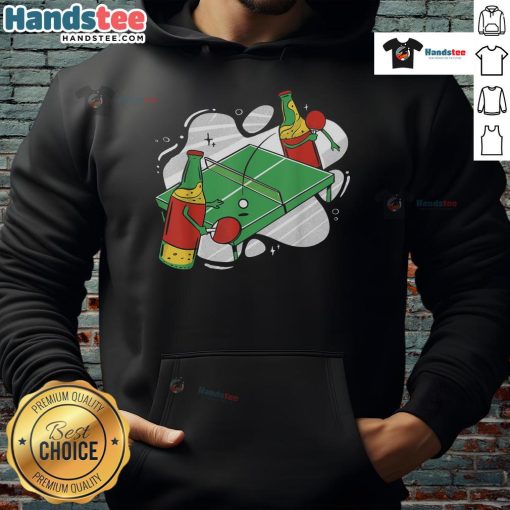 Nice beer bottles and a ping pong setup with a stylish hoodie, perfect for a fun game night atmosphere.