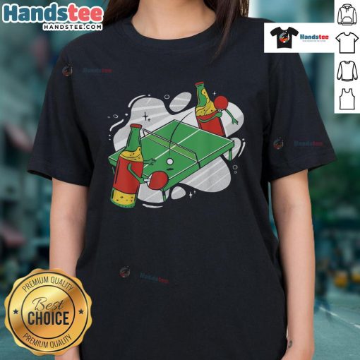 Women enjoying a fun ping pong game with nice beer bottles and a vibrant tee, perfect for casual gatherings.
