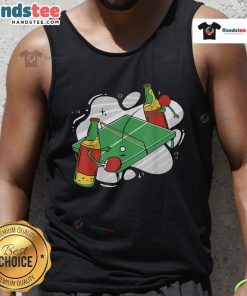 Colorful beer bottles arranged for a fun ping pong game on a tank top, perfect for summer gatherings and parties.