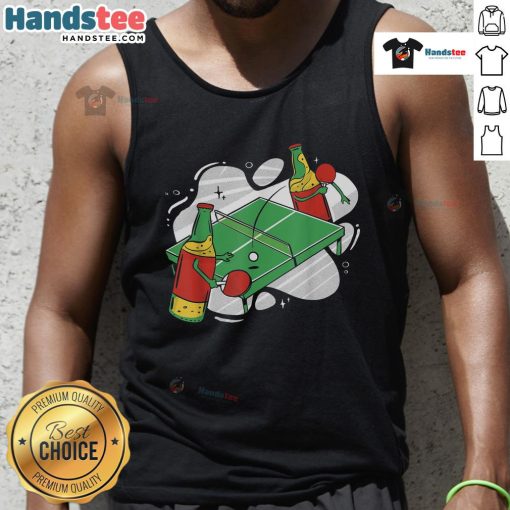 Colorful beer bottles arranged for a fun ping pong game on a tank top, perfect for summer gatherings and parties.