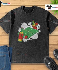 Colorful beer bottles playing ping pong on a washed T-shirt, perfect for casual gatherings and fun activities.