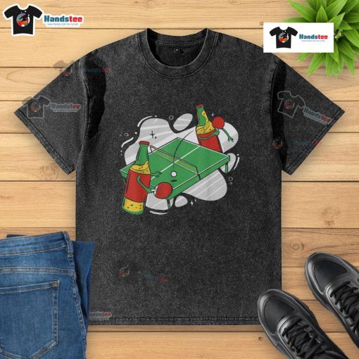 Colorful beer bottles playing ping pong on a washed T-shirt, perfect for casual gatherings and fun activities.