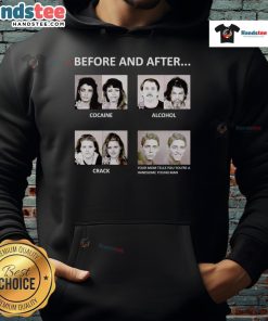 Before and after transformation of a young man in a hoodie, highlighting the impact of cocaine and alcohol use.
