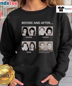 Before and after image of a young man in a sweatshirt, showcasing transformation from substance use to a handsome appearance.