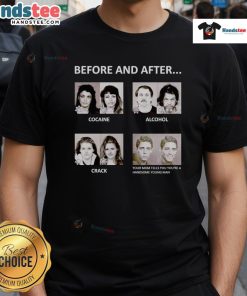 Before and after t-shirt design featuring a humorous 'handsome young man' graphic related to cocaine and alcohol.