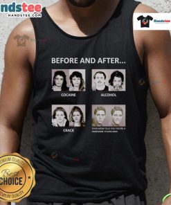 Before and after transformation of a young man in a tank top, highlighting the effects of cocaine and alcohol.