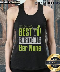 Neon green cocktail shaker and martini glass on a tank top, featuring 'Nice Best Bartender Bar None' design.