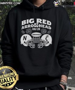 Alt Text: Nice big red arrowhead hoodie featuring Nebraska vs. Cincinnati football design from 08-28 game.