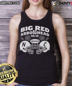 Alt Text: Nice big red arrowhead football tank top featuring Nebraska vs Cincinnati design from the game on August 28.