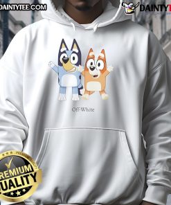 Alt Text: Nice Bluey and Bingo off-white hoodie featuring playful cartoon designs, perfect for fans of the beloved children's show.