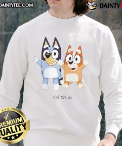 Alt Text: Nice Bluey and Bingo off-white sweatshirt featuring adorable cartoon characters, perfect for cozy, casual wear.