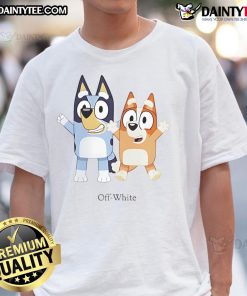 Alt Text: Nice Bluey and Bingo off-white t-shirt featuring colorful cartoon designs, perfect for kids who love Bluey.