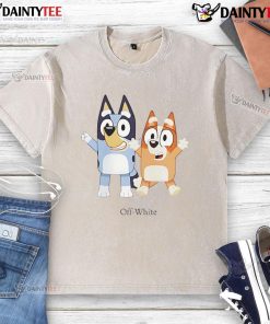 Nice Bluey and Bingo off-white washed t-shirt featuring colorful cartoon characters for kids' casual wear.