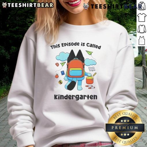 Child wearing a blue sweatshirt titled 'Kindergarten' from Bluey, perfect for back-to-school season.