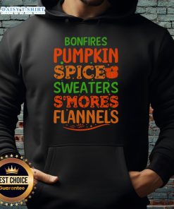 Cozy bonfire scene featuring pumpkin spice sweaters, s'mores, flannels, and hoodies, perfect for autumn gatherings.