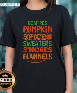 Cozy ladies tee featuring bonfires, pumpkin spice, and s'mores designs, perfect for fall flannels and sweater weather.