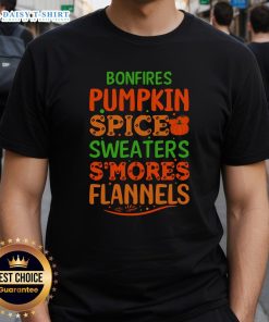 Cozy fall scene featuring a 'Nice Bonfires Pumpkin Spice Sweaters S'mores Flannels' T-shirt, perfect for autumn gatherings.