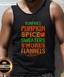 Cozy bonfire scene with pumpkin spice, sweaters, and s'mores, featuring flannels and a tank top for a perfect autumn vibe.