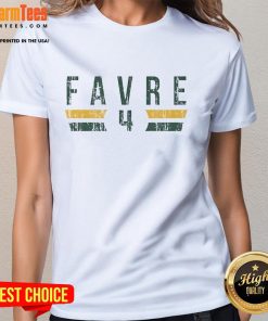 Ladies' tee featuring Brett Favre 4 in Green Bay Packers font, perfect for fans and casual wear.
