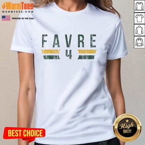 Ladies' tee featuring Brett Favre 4 in Green Bay Packers font, perfect for fans and casual wear.