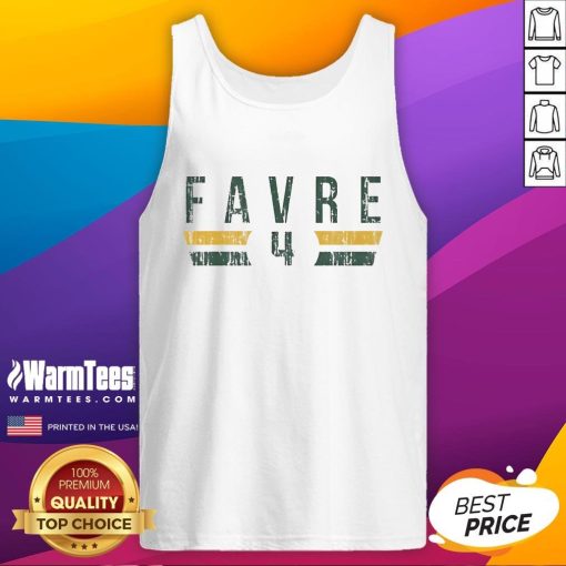 Green Bay Packers tank top featuring Brett Favre's name and number 4 in stylish font, perfect for fans.