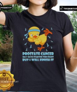 Cartoon chick delivering a karate kick, symbolizing the fight against prostate cancer on a ladies' tee design.