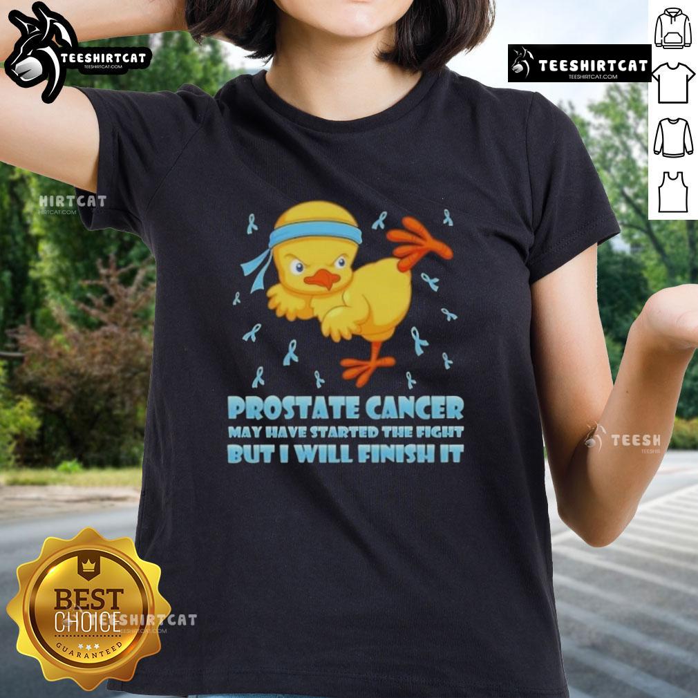 Nice Cartoon Chick Karate Kick Prostate Cancer May Have Started The Fight But I Will Finish It Ladies-Tee Cartoon chick delivering a karate kick, symbolizing the fight against prostate cancer on a ladies' tee design.