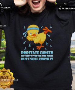 Cartoon chick performing karate kick, promoting Prostate Cancer awareness with the message: 'May have started the fight, but I will finish it.'
