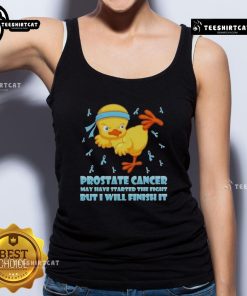 Cartoon chick performing a karate kick on a tank top, symbolizing strength in the fight against prostate cancer.