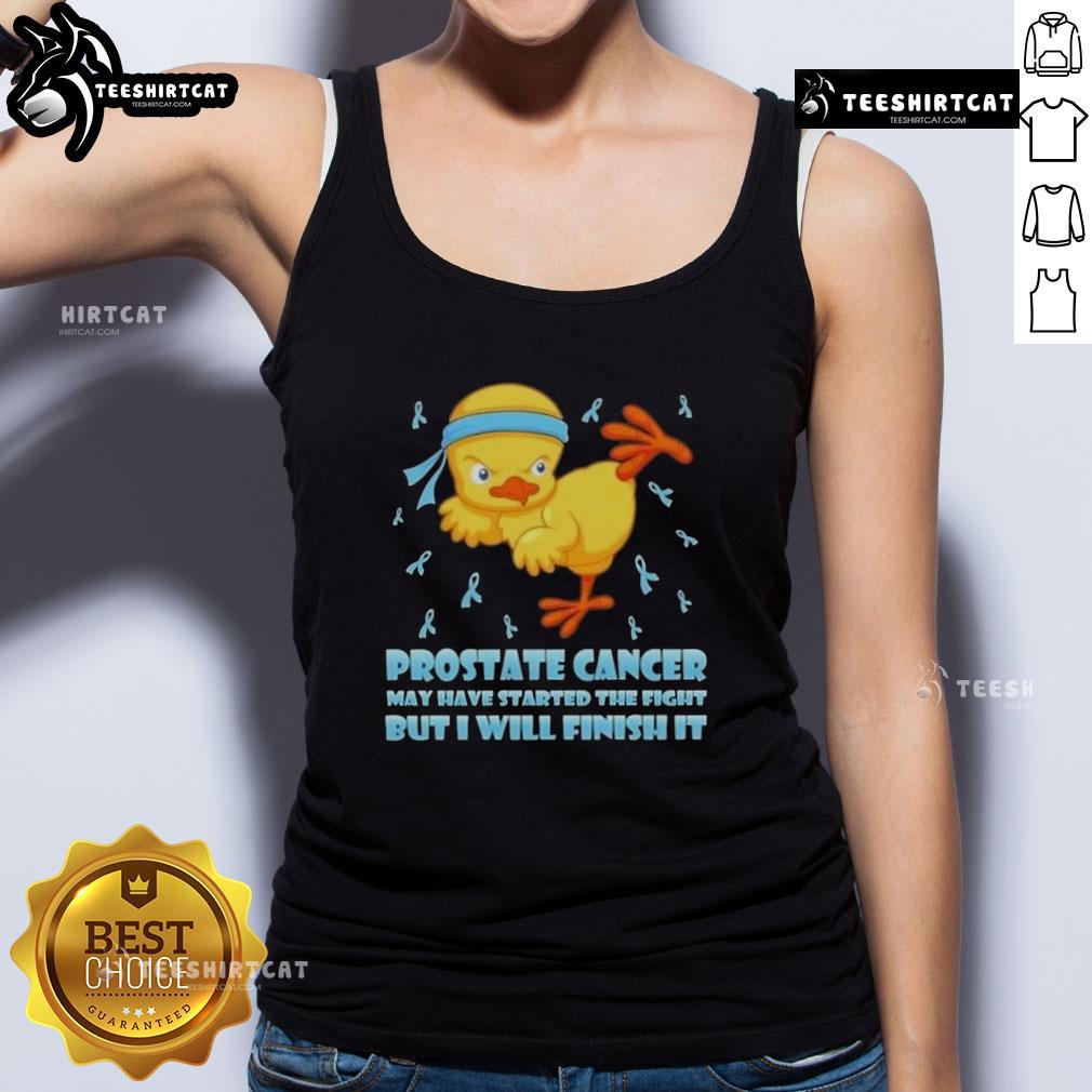 Nice Cartoon Chick Karate Kick Prostate Cancer May Have Started The Fight But I Will Finish It Tank Top Cartoon chick performing a karate kick on a tank top, symbolizing strength in the fight against prostate cancer.