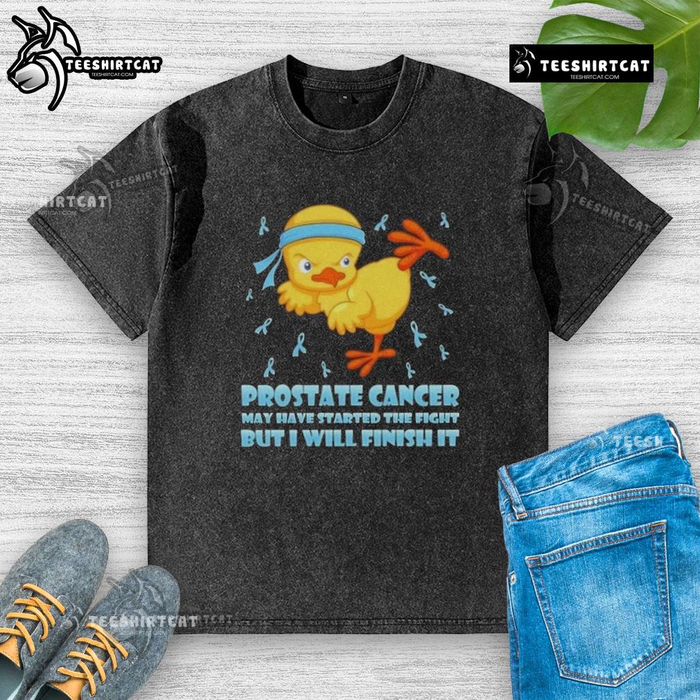 Nice Cartoon Chick Karate Kick Prostate Cancer May Have Started The Fight But I Will Finish It Washed T-Shirt Cartoon chick in a karate kick pose on a washed t-shirt, symbolizing the fight against prostate cancer.
