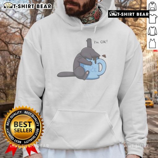 Cute cat sitting in a coffee cup wearing an I'm okay hoodie, showcasing the 'Nice Cat Drowning In Coffee Cup Hoodie' design.