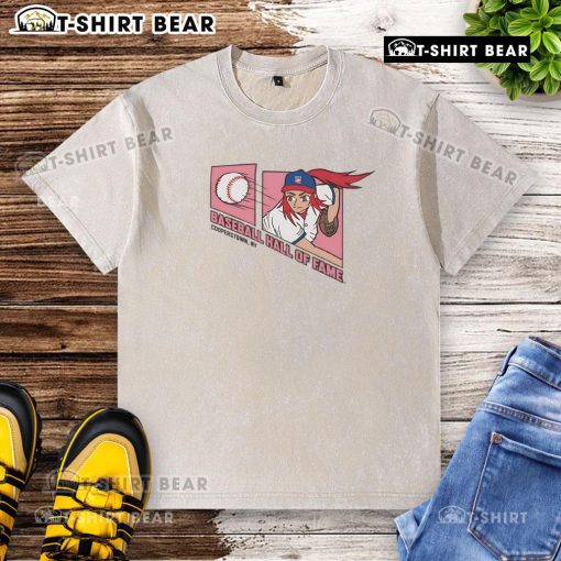 Alt Text: Nice Champion Baseball Hall of Fame manga girl graphic on an Oxford washed t-shirt, perfect for sports fans.