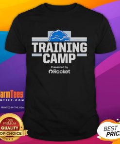 Nice Detroit Lions Training Camp Presented By Rocket T-Shirt featuring team colors and logo, perfect for fans and collectors.